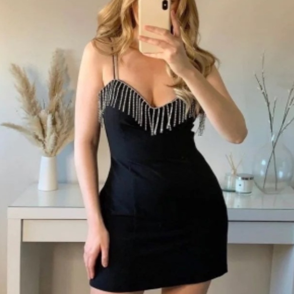 ZARA fringed mini dress, black, small